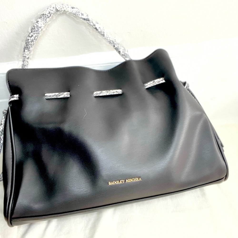 Badgley Mischka black, vegan leather bag with snake print handle